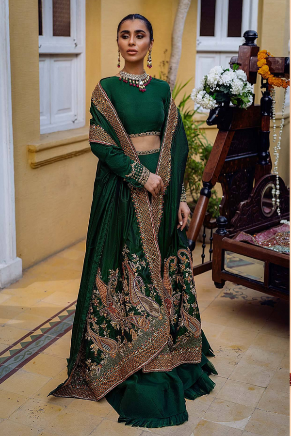 Emerald Green Lehenga With Bodice & Dupatta