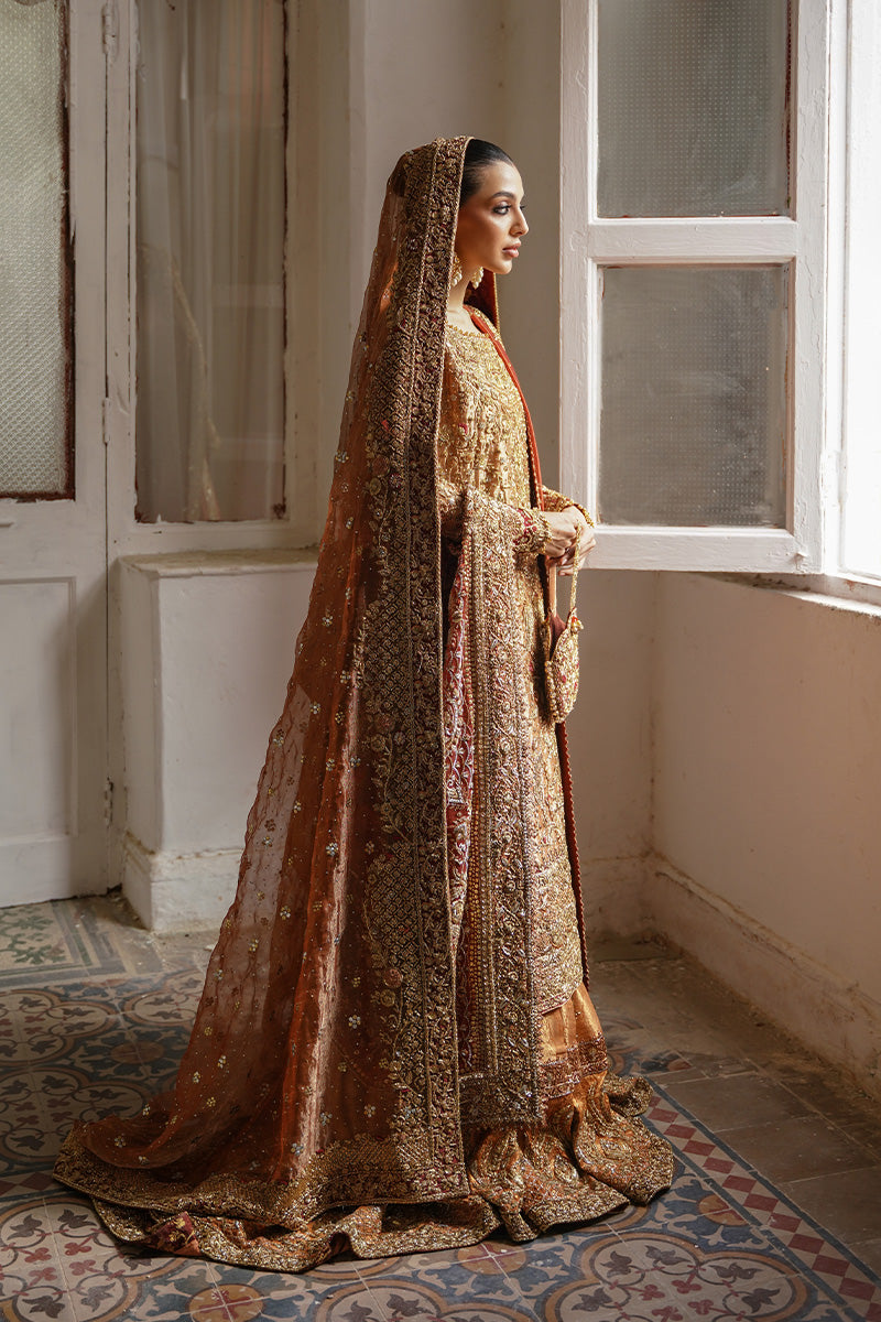 golden bridal dress with red dupatta Pakistani Bridal Golden Dress with Red Dupatta